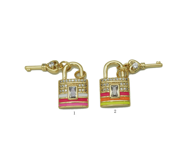 CZ Enamel Lock with Key Charm, Sku#LD282