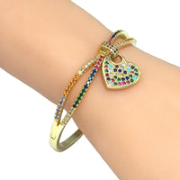 Colorful CZ Cross Dangle Heart Adjustable Bracelet, Sku#LD401