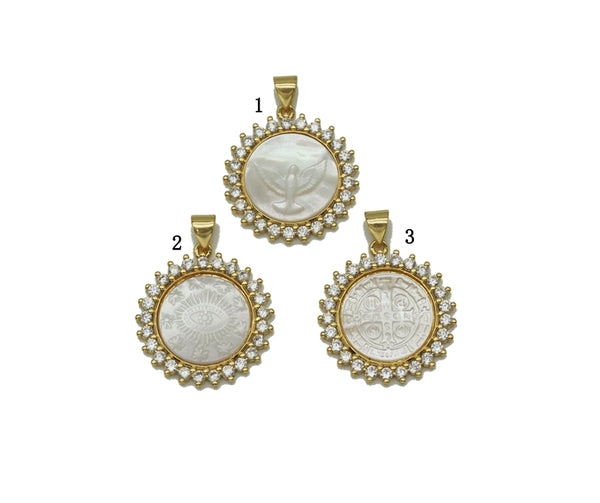 CZ Mother of Pearl Round Coin Charm, Sku#L675