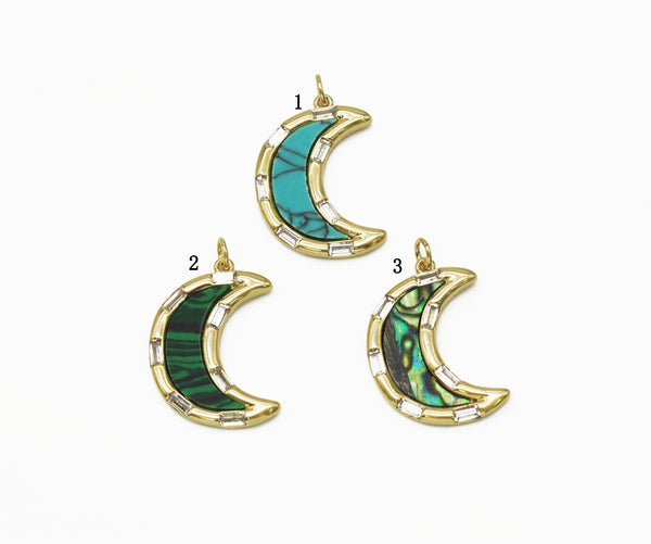 Baguette CZ Abalone Turquoise Malachite Cresent Moon Charm, Sku#L682