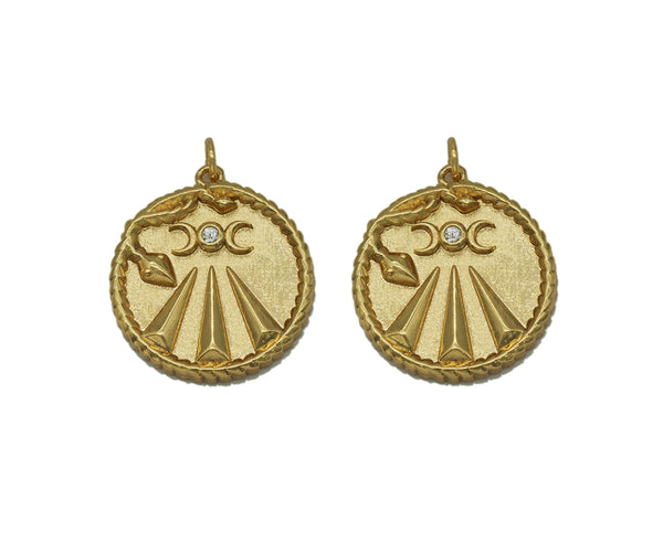 Gold CZ Embossed Snake On Round Coin Charm, Sku#F1501