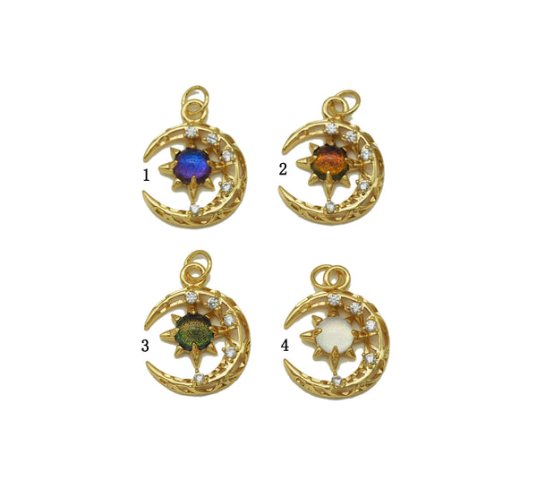 Gold CZ Colorful Star On Cresent Moon Charm, Sku#Y704