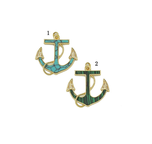 Gold CZ Turquoise Malachite Boat Anchor Charm, Sku#L687