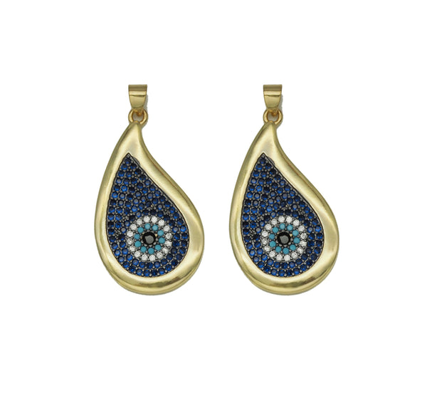 Gold Cobalt CZ Evil Eye On Teardrop Charm, Sku#LK680