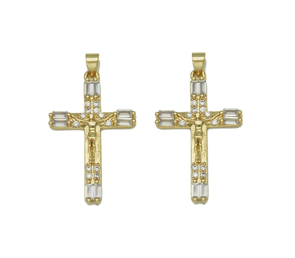 Gold Baguette CZ Cross Charm, Sku#LD305