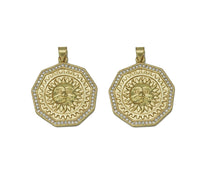 Gold CZ Embossed Sunflower On Polygon Charm, Sku#LK683