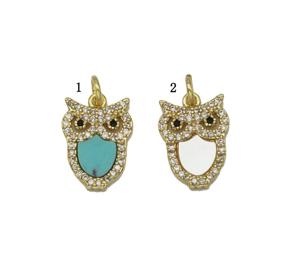 Gold CZ MOP Turquoise Night Owl Charm, Sku#L689