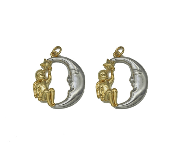 Gold Angel With Silver Cresent Moon Charm, Sku#Z1454