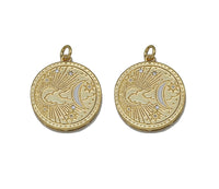 Gold CZ Enamel Moon On Round Coin Charm, Sku#Z1461