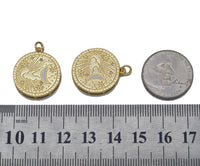 Gold CZ Enamel Moon On Round Coin Charm, Sku#Z1461