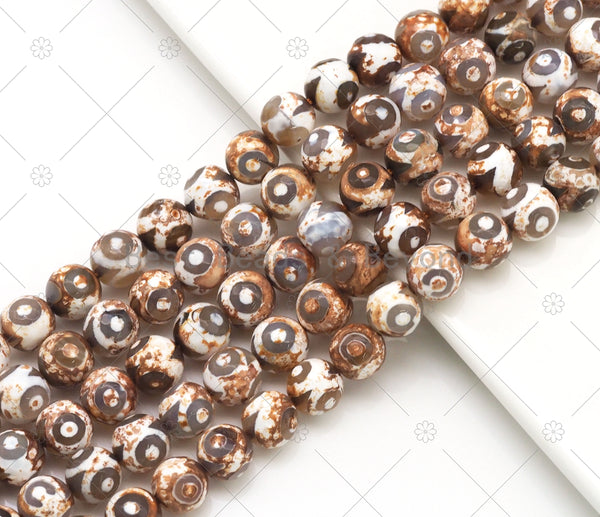 Brown Evil Eye Tibetan Agate 10mm Round Smooth Beads, Sku#U1192