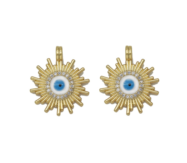 Gold CZ Enamel Evil Eye On Sunburst Charm, Sku#LX83