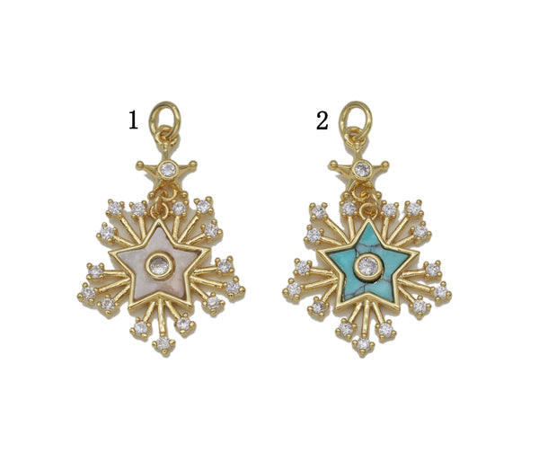 Gold CZ MOP/Turquoise Five Point Star Snowflake Charm, Sku#L702