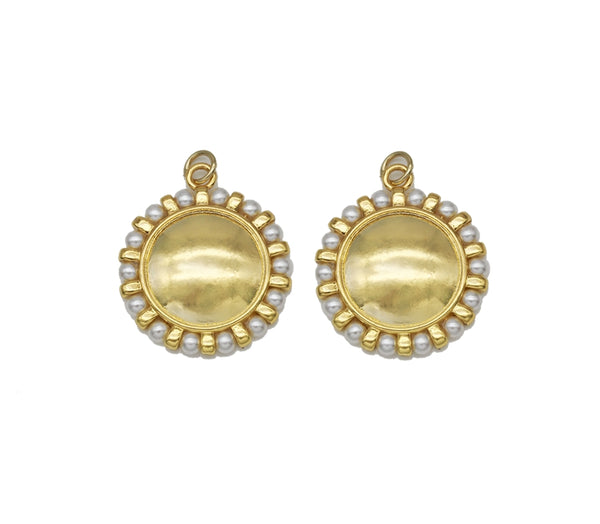 Gold Pearl Round Mirror Coin Charm, Sku#B221