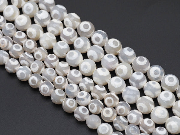 Natural White Evil Eye Tibetan Agate Round Faceted Beads, 10mm/12mm, Sku#UA236