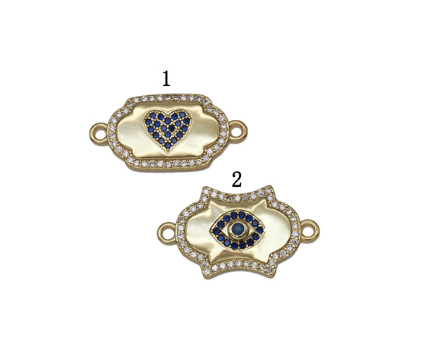 Gold Cobalt CZ Evil Eye Heart Connector Charm, Sku#LK715