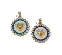 Gold CZ Enamel Medalion Lion Head On Round Charm, Sku#LK722