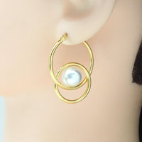 Gold Pearl Double Ring Hoop Earrings, Sku#Y787