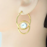 Gold Pearl Double Ring Hoop Earrings, Sku#Y787