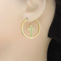 Gold CZ Cross On Round Ring Hoop Earrings, Sku#LK821