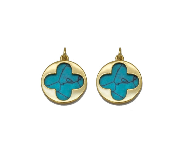 Gold CZ Clover Flower On Turquoise Stone Charm, Sku#L705