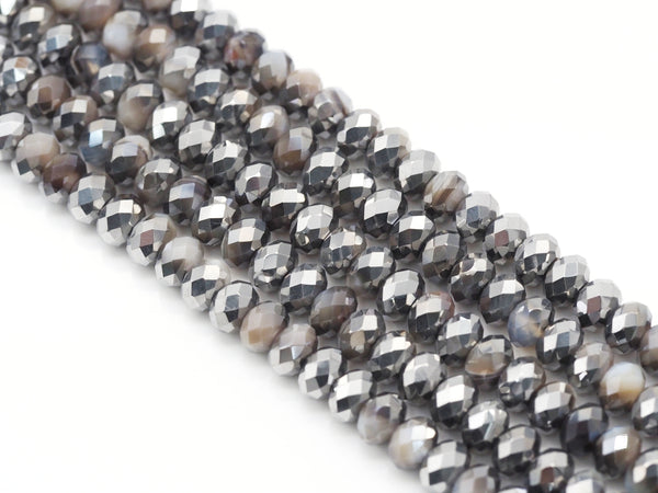 Half Silver Plated Natural Brown Banded Agate Rondelle Faceted Beads, Sku#UA284