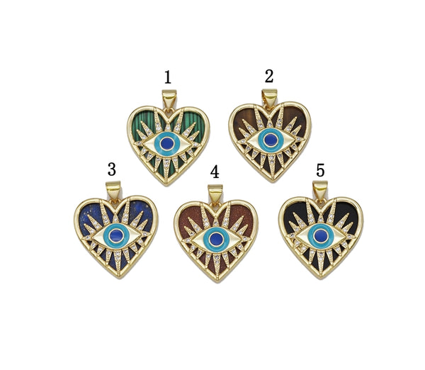 Gold CZ Enamel Evil Eye On Gemstone Heart Charm, Sku#LX102