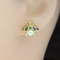 Multicolor CZ Pearl Bee Stud Earrings, Sku#LK863