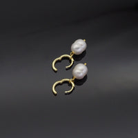 Gold White Oval Pearl Hoop Earrings, Sku#EF340