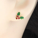 Gold Colorful CZ Leaf Flower Christmas berries Stud Earrings, Sku#Y794