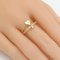 Gold CLear CZ Heart Double Line Adjustable Ring, Sku#LD448