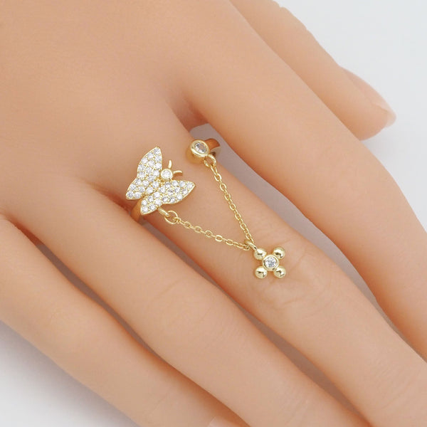 Gold CLear CZ Butterfly with Chain Cross Adjustable Ring, Sku#LD436