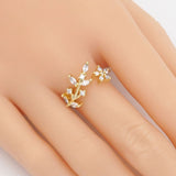 Gold CLear CZ Leaf flower Adjustable Ring, Sku#LD441