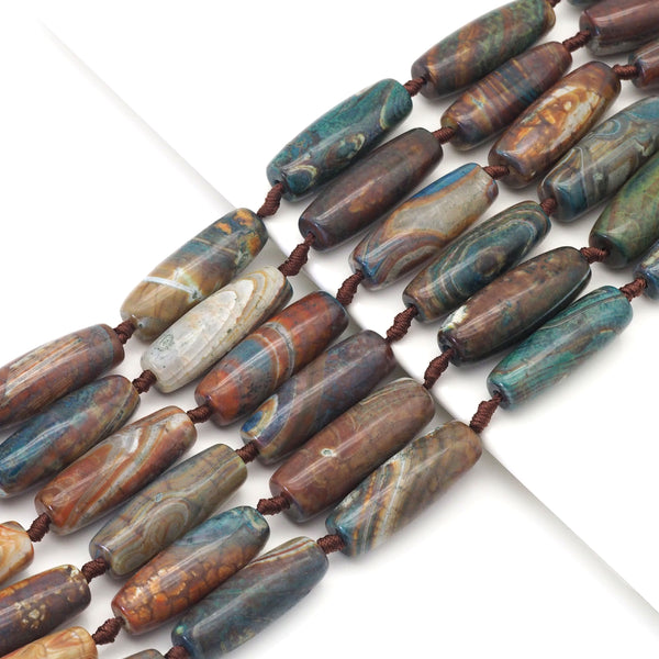 Brown Green Tibetan Agate Barrel Beads, 14x40mm Focal Beads, Sku#U1632