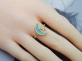 Gold CZ Cresent Moon Star Turquoise Adjustable Ring, Sku#O112