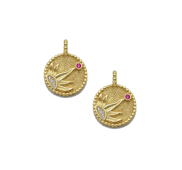 CZ Gold Sun with Fuchsia CZ Medallion Coin Charm, Sku#LK757