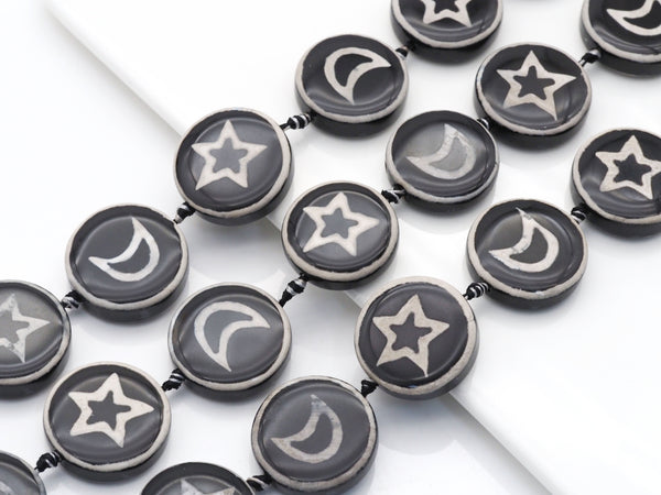 Natural Black White Moon Star Tibetan Agate Smooth Coin Beads, 30mm, Sku#U1403