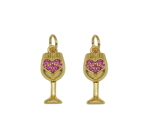 Fuchsia CZ Heart On Cup Charm, Sku#Y634