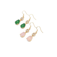 Clear CZ Gold Green Pink Teardrop Jade Earrings, Sku#LX350