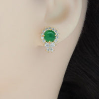 Clear CZ Gold Green Round Jade Stud Earrings, Sku#LX351