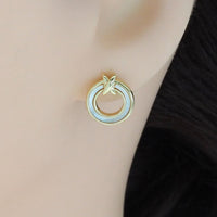 Gold White Mother of Pearl Circle With Knot Stud Earrings, Sku#LX341