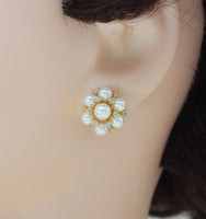 Gold Cluster Pearl Flower Stud Earrings, Sku#ZX107