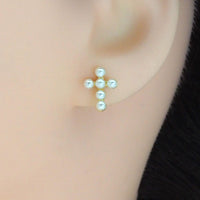 Gold Silver Pearl Cross Stud Earrings, Sku#LD469