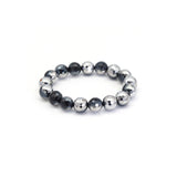 Half Silver Plated Black Onyx Round Faceted Stretchy Bracelet, Sku#EF384