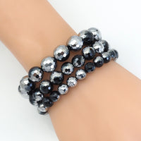 Half Silver Plated Black Onyx Round Faceted Stretchy Bracelet, Sku#EF384