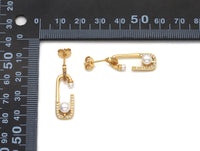 CZ Pearl Gold Pin Dangle Stud Earrings, Sku#LD355