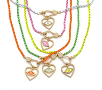 Colorful Enamel CZ Evil Eye Heart Chain Necklace, Sku#EF207