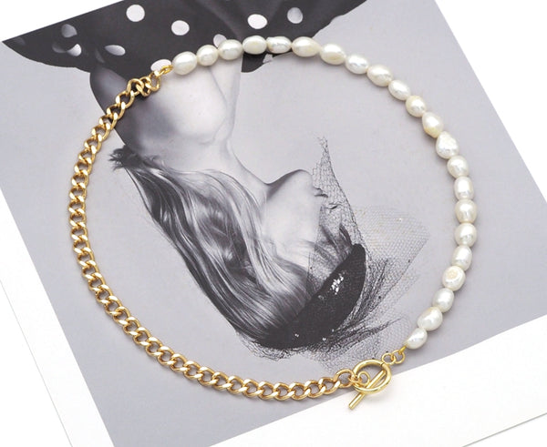 Freshwater Pearl Gold Curb Cuban Chain Necklace, Sku#EF212
