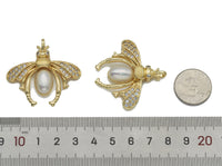 Large Pave CZ Gold Pearl Bee Insect Charm, Sku#LX147