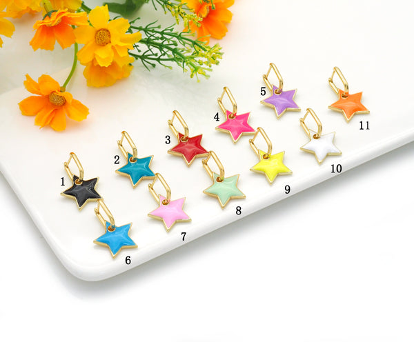 Colorful Enamel Five Point Star Hoop Earrings, Sku#J371